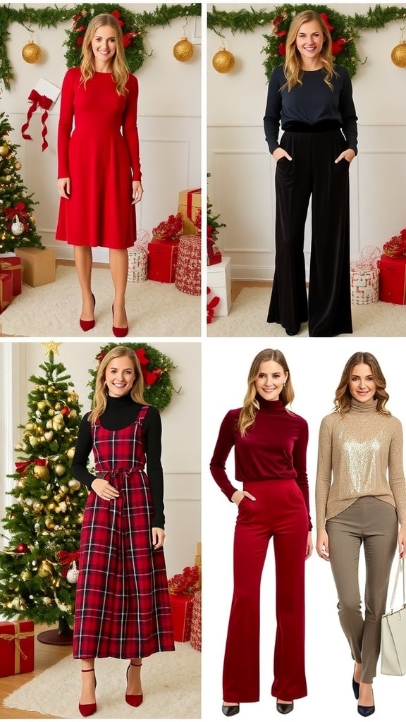 A collection of festive Christmas outfits for women, showcasing various styles and colors suitable for holiday celebrations.